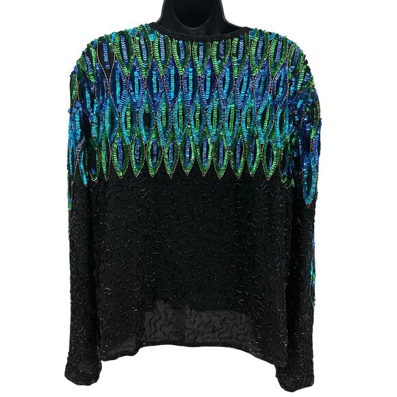 Patchouli Silk Jacket WMNS XL Black Green Blue Beaded Sequin Statement Coat Vtg - Picture 6 of 12